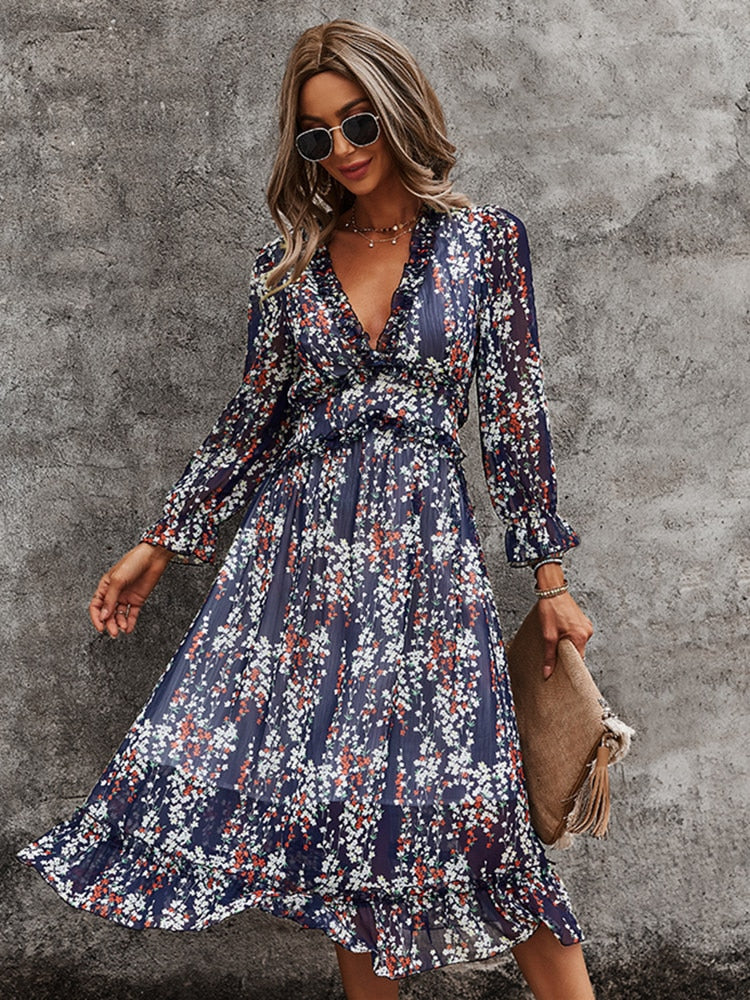 Sexy Floral Print Butterfly Sleeve High Waist Midi Dress