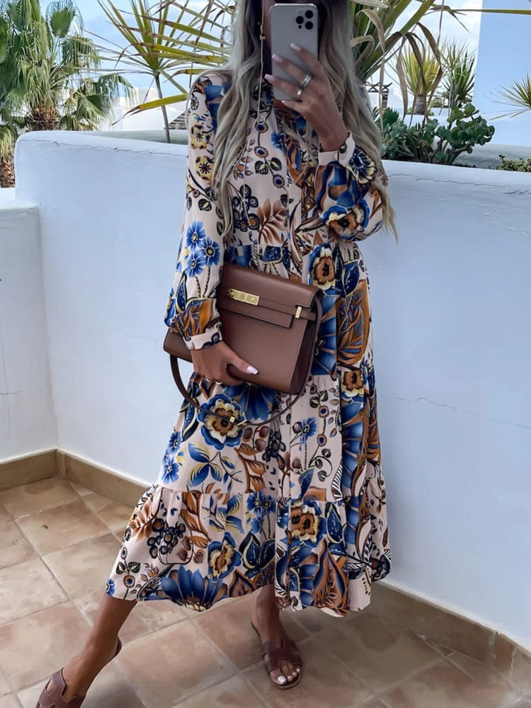 Casual Floral Print Turndown Collar Button Long Dress