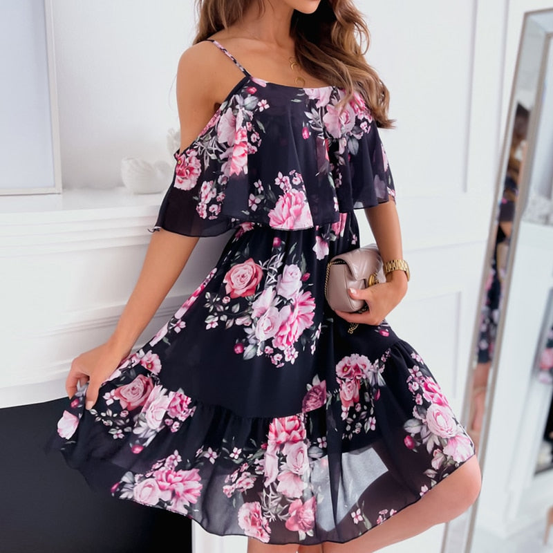 Sexy Off Shoulder Floral Print Spaghetti Strap Mini Dress