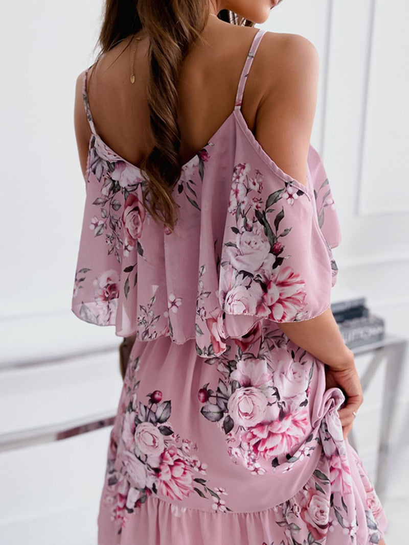 Sexy Off Shoulder Floral Print Spaghetti Strap Mini Dress