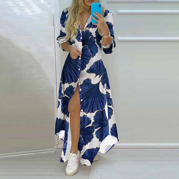 Single Breasted Button Lapel Long Sleeve Print Oversized Dress