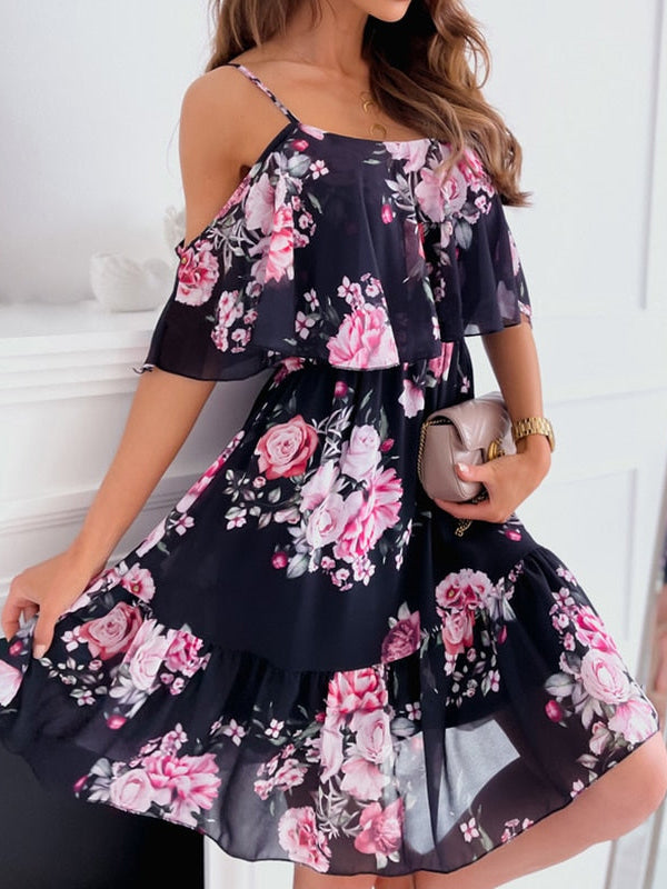 Sexy Off Shoulder Floral Print Spaghetti Strap Mini Dress