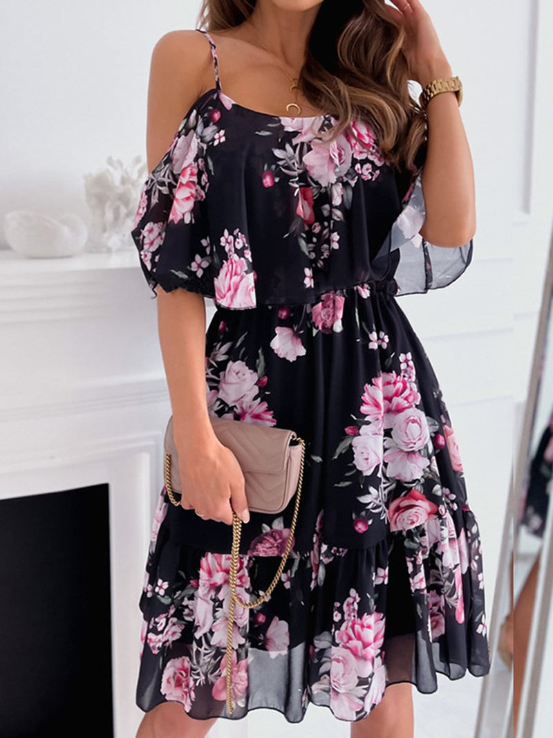 Sexy Off Shoulder Floral Print Spaghetti Strap Mini Dress