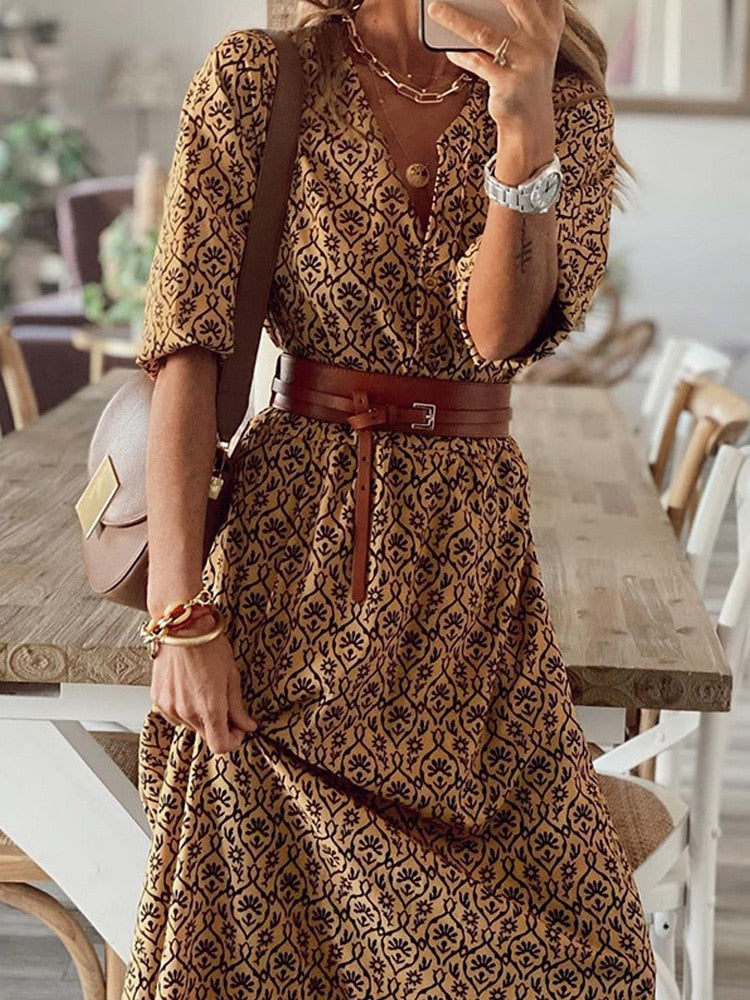 Fashion Chic V Neck Loose Floral Printed Maxi Dress