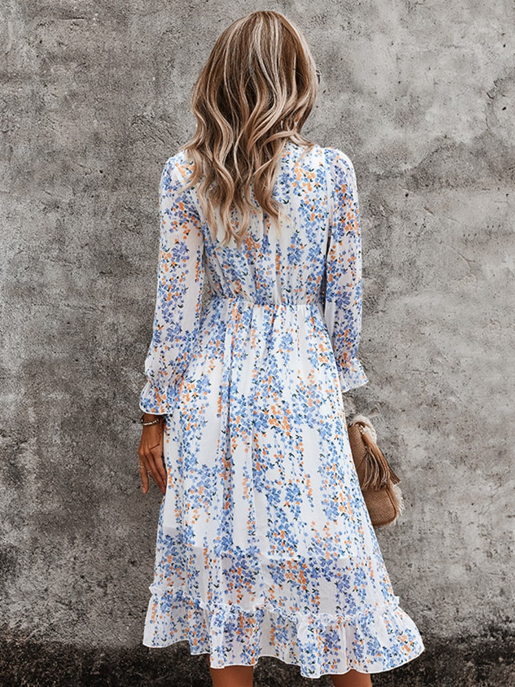 Sexy Floral Print Butterfly Sleeve High Waist Midi Dress