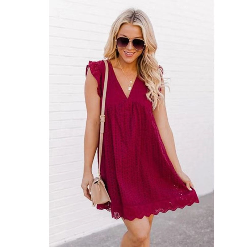 Casual V-neck Short Sleeve Lace Dress