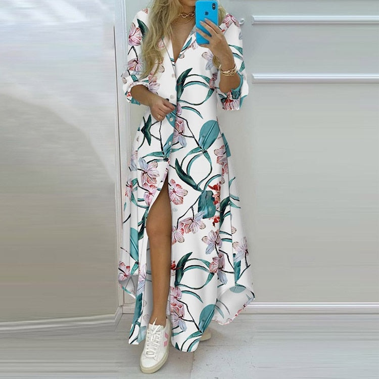 Single Breasted Button Lapel Long Sleeve Print Oversized Dress