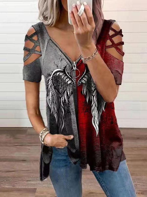 Loose Angel Wing Print Vintage V Neck Zipper T Shirt