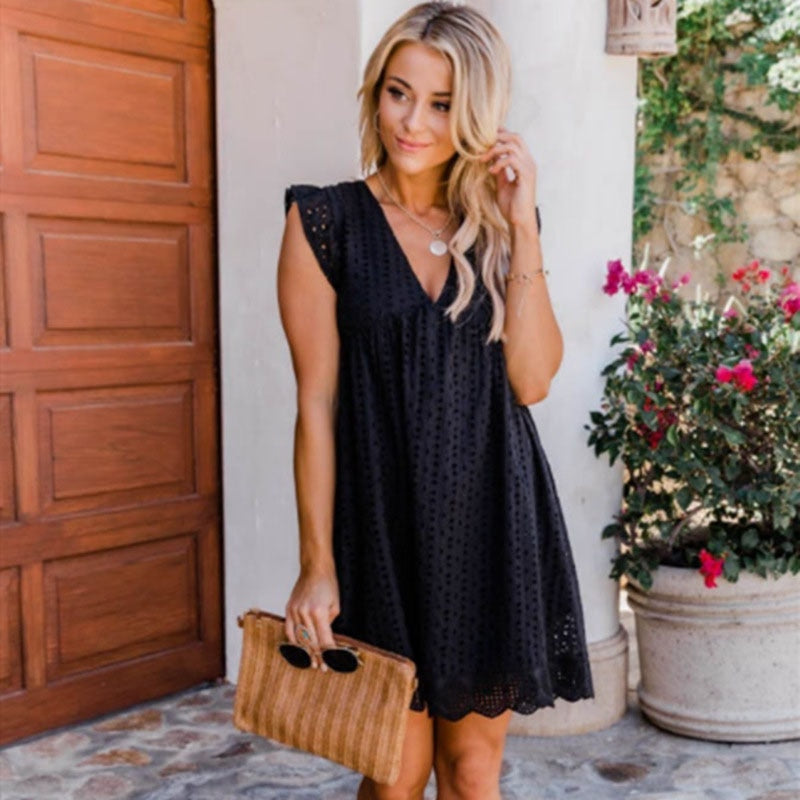 Casual V-neck Short Sleeve Lace Dress