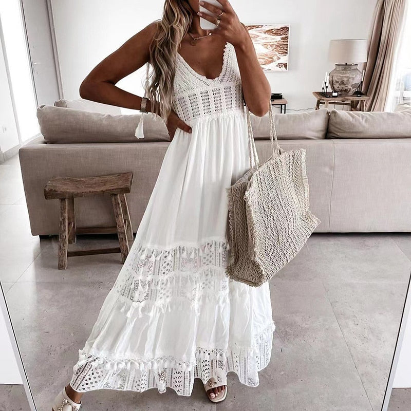 Off Shoulder Lace Patchwork Spaghetti Strap Dress