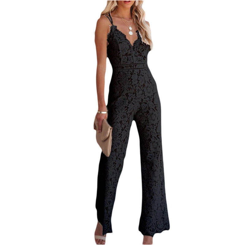 Spaghetti Strap V-Neck Solid Embroidered Lace Jumpsuit