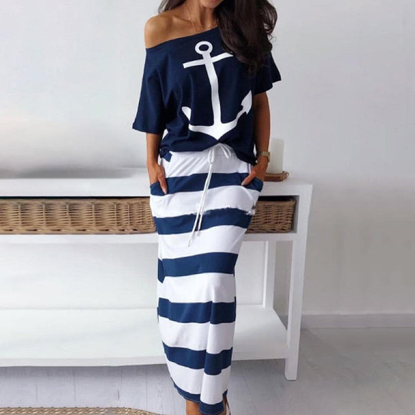 Casual Sexy Slash Ankle-Length Slim Striped Dress