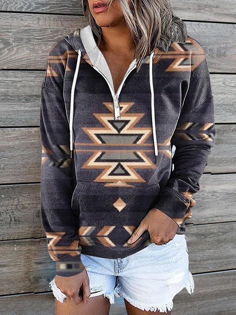 Women's Hoodies Vintage Print Zip Pocket Casual Hoody