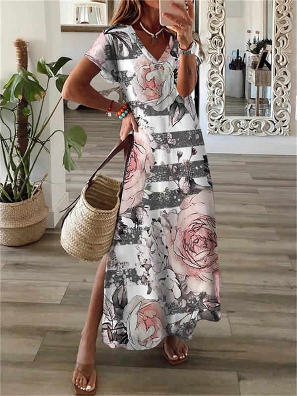 Women's Dresses Printed V-Neck Short Sleeve Slit Dress