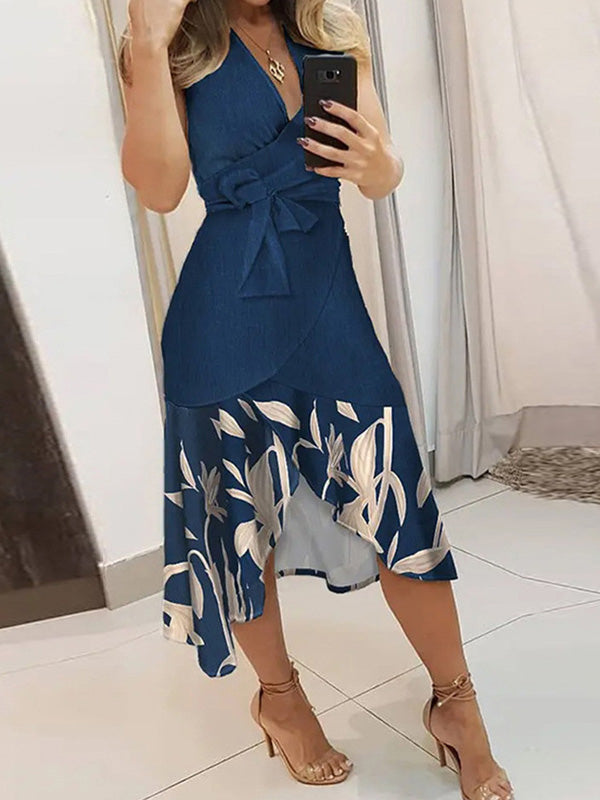 Women's Dresses Printed V-Neck Tie Irregular Ruffle Dress