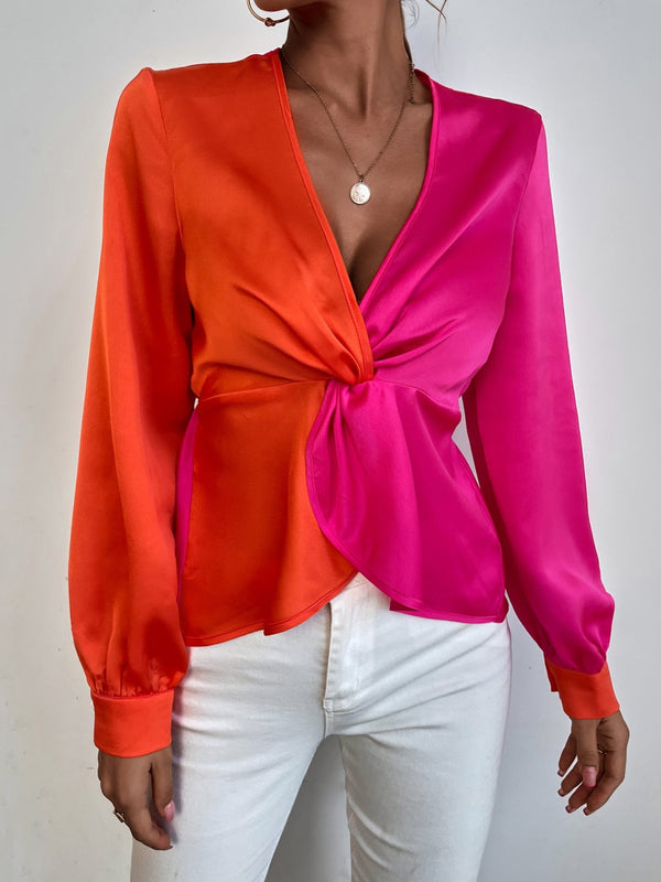 Women's Blouses Colorblock V-Neck Long Sleeve Blouse