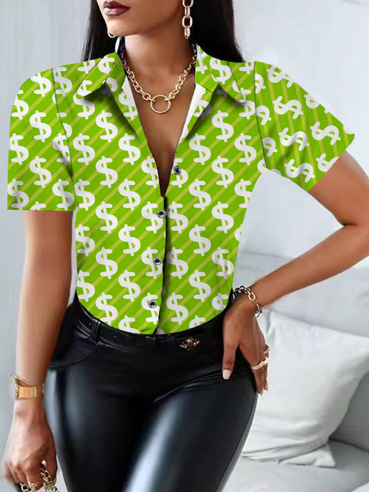 Women's Blouses Printed Lapel Button Short Sleeve Blouse