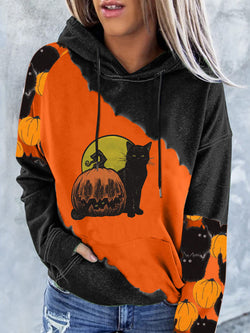 Women's Hoodies Pumpkin Cat Print Pocket Long-Sleeve Hoody