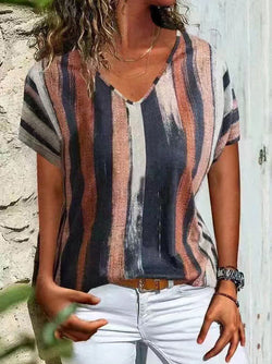 Women's T-Shirts Multicolor Striped Print V-Neck Short Sleeve T-Shirt