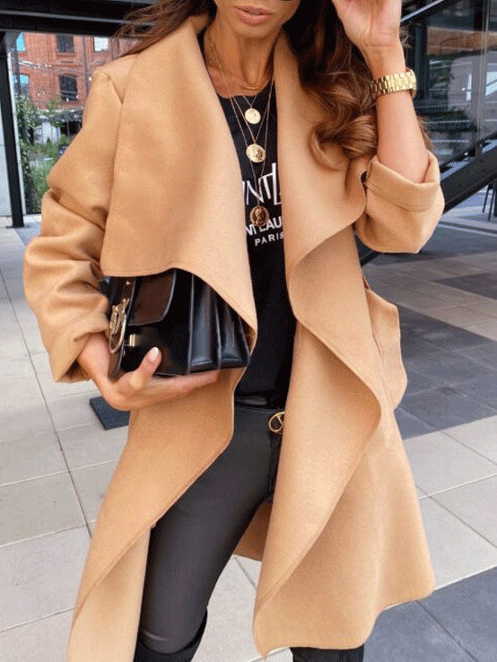 Women's Coats Solid Tie Long Sleeve Wool Coat