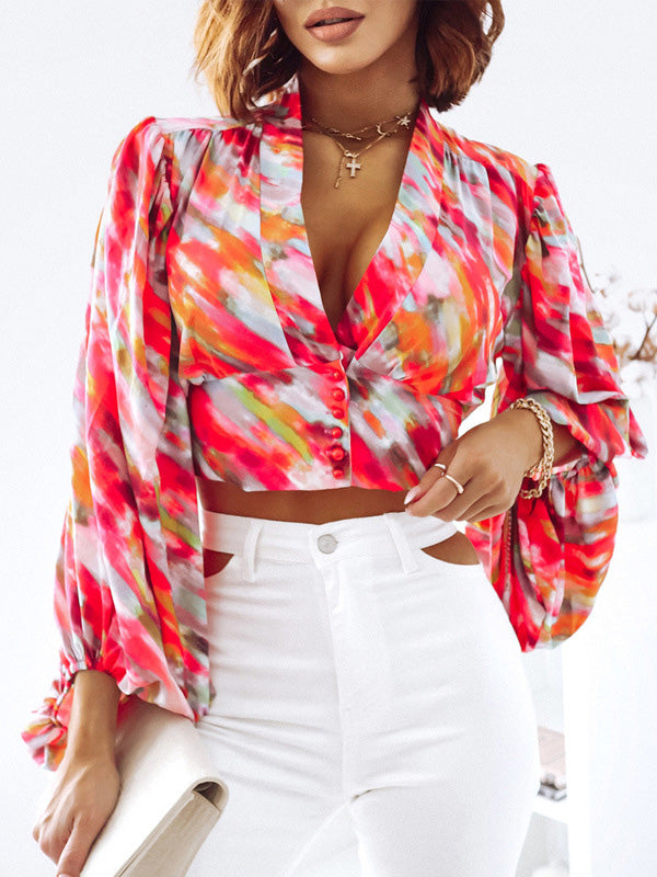 Women's Blouses Deep V Neck Print Balloon Sleeve Blouse