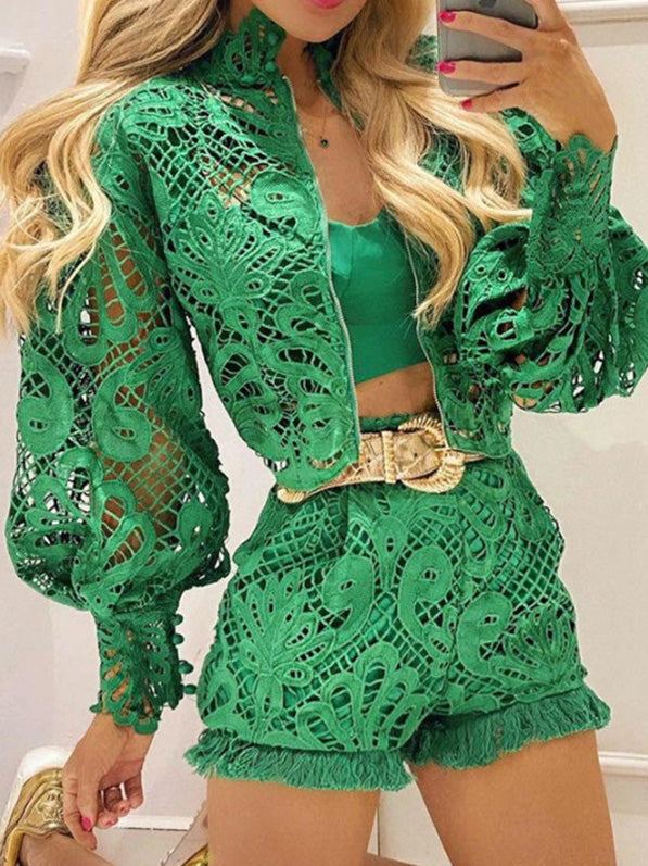 Women's Sets Lace Balloon Sleeve Jacket & Shorts Two-Piece Set