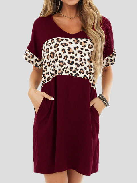 Women's Dresses Crew Neck Leopard Panel Pocket Casual Dress