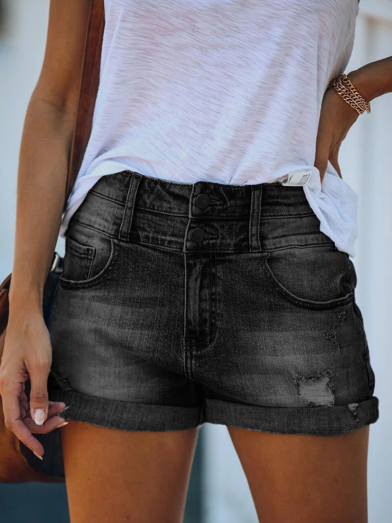 Women's Denim Shorts Shredded Rolled Stretch High Waist Denim Shorts