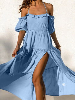 Women's Dresses Halter One Shoulder Short Sleeve Slit Dress