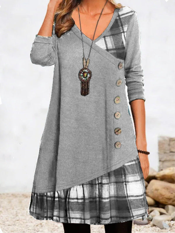 Women's Dresses Casual Check Paneled Button Long Sleeve Dress