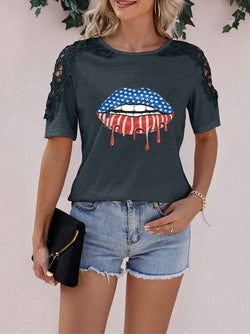 Women's T-Shirts Lips Printed Lace Panel Short Sleeve T-Shirt