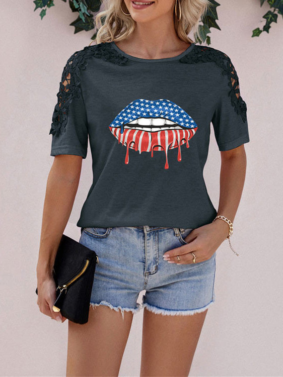 Women's T-Shirts Lips Printed Lace Panel Short Sleeve T-Shirt