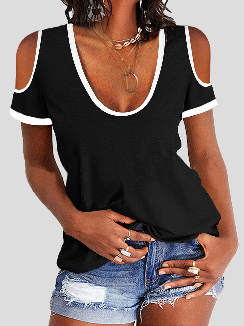 Women's T-Shirts Contrast Off Shoulder Short Sleeve T-Shirt