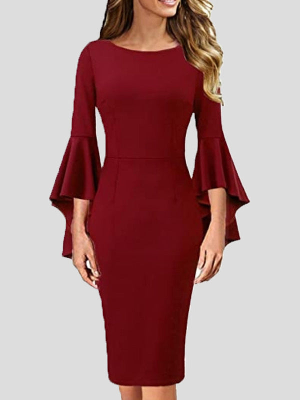 Women's Dresses Solid Ruffle Sleeve Slim Fit Dress