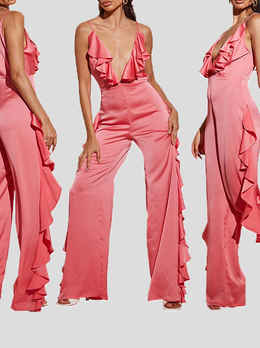 Women's Jumpsuits Deep V Neck Open Back Ruffle Jumpsuit