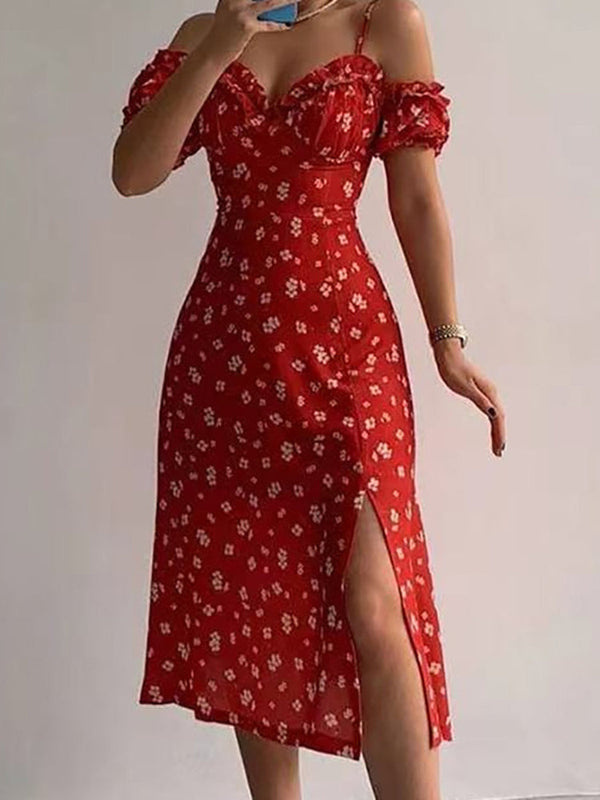 Women's Dresses Floral Print Sling Off-The-Shoulder Slit Dress