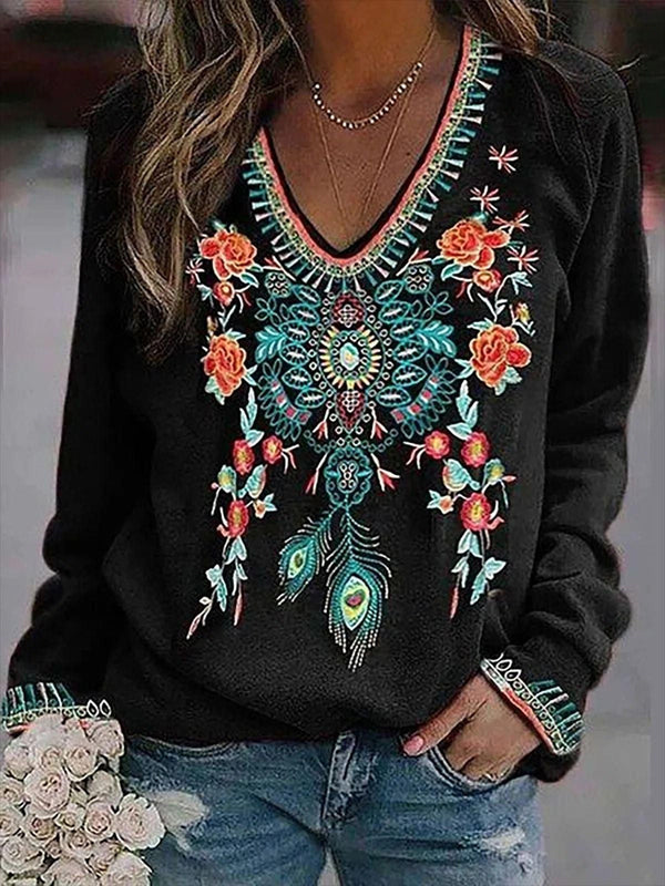 Women's T-Shirts Floral Print V-Neck Long Sleeve T-Shirt