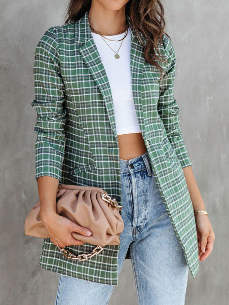 Women's Blazers Lapel Check Print Slim Fit Blazer