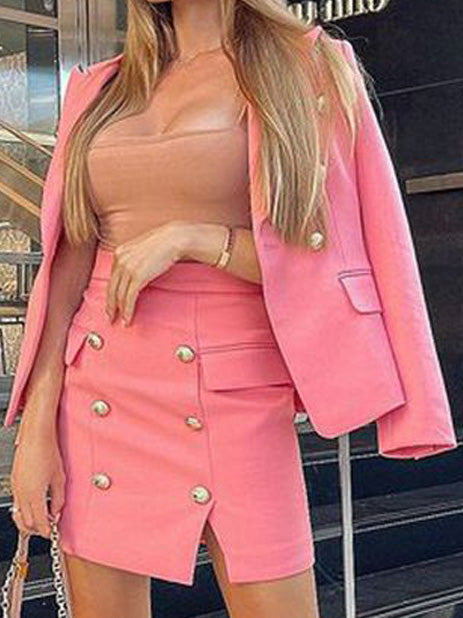 Women's Sets Button Long Sleeve Blazers & Skirt Two Piece Set