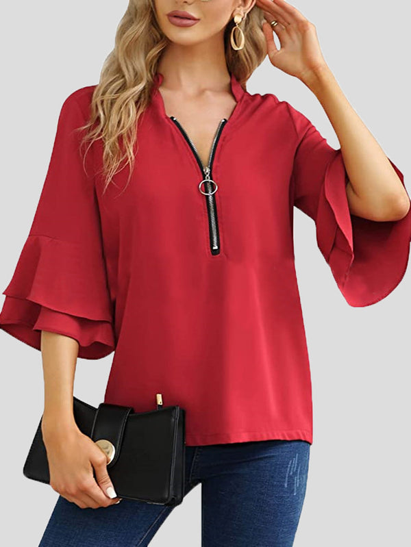 Women's Blouses V-Neck Zip Layered Flare Sleeves Blouse