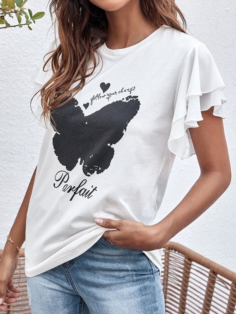 Women's T-Shirts Butterfly Print Crew Neck Ruffle T-Shirt