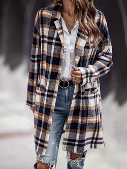 Women's Coats Check Print Lapel Single Breasted Pocket Coats