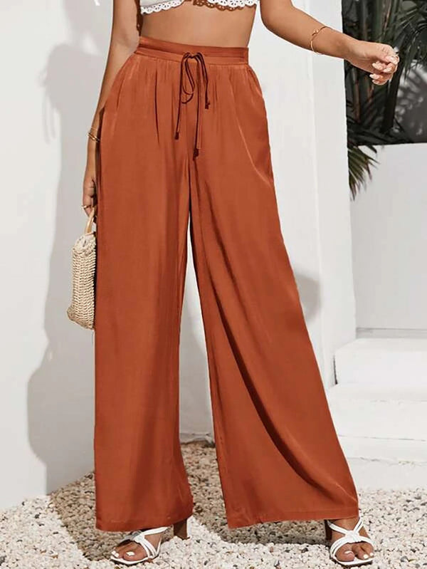 Women's Pants Casual Solid Elastic Waist Tie Wide Leg Pants