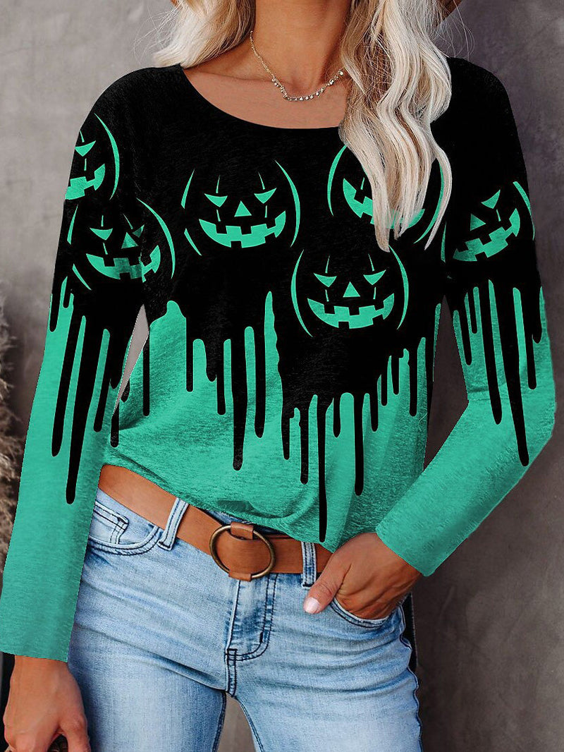 Women's T-Shirts Halloween Print Crew Neck Long Sleeve T-Shirt