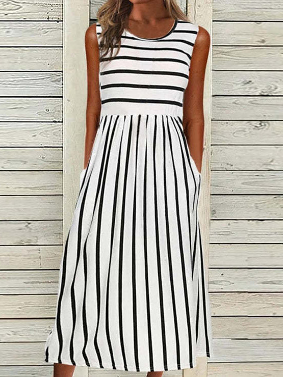 Women's Dresses Striped Print Crew Neck Pocket Sleeveless Dress