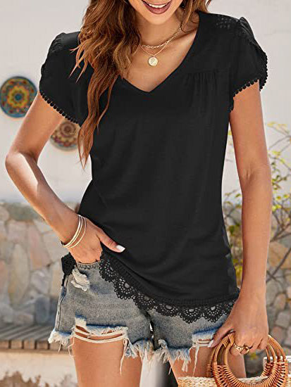 Women's T-Shirts Lace V-Neck Short Sleeve T-Shirt