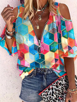 Women's Blouses Printed V-Neck Zip Off-Shoulder Blouse