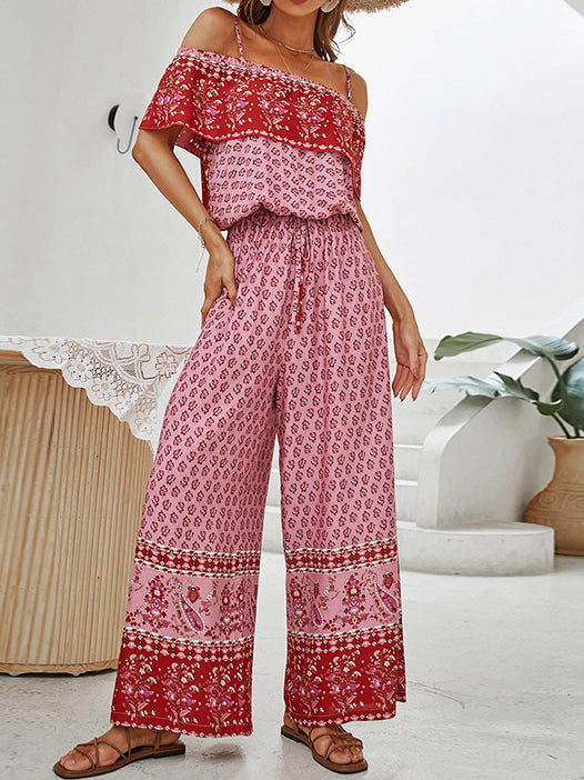 Women's Jumpsuits Sling Off Shoulder Print Wide Leg Jumpsuit