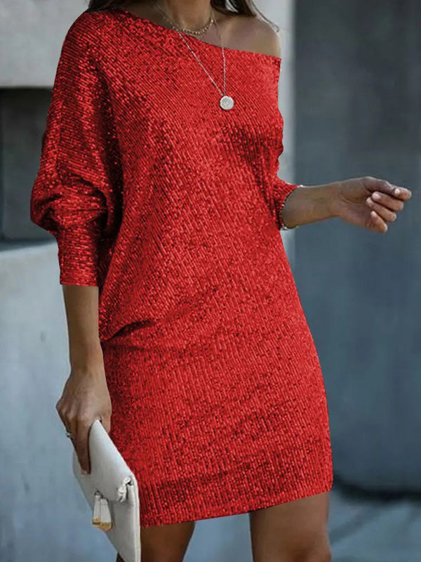 Women's Dresses Sloping Shoulder Sequin Long Sleeve Dress