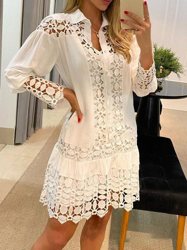 Women's Dresses Lace Hollow Lapel Long Sleeve Dress